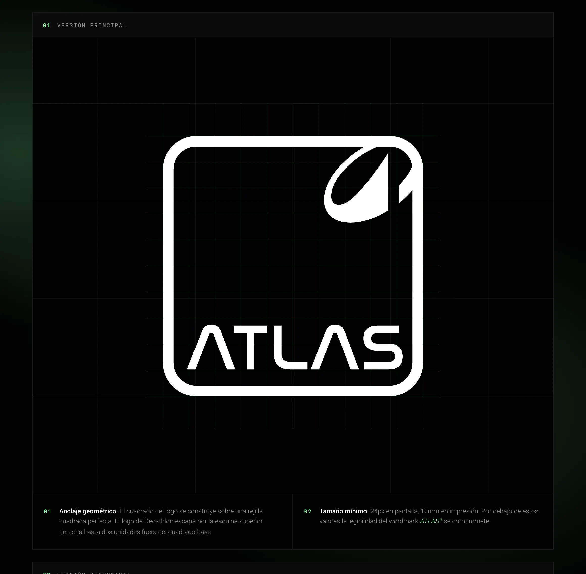 Construcción del logotipo principal sobre una rejilla: un cuadrado de esquinas redondeadas con la palabra ATLAS abajo y el símbolo de Decathlon saliendo por la esquina superior derecha. Debajo, las notas de anclaje geométrico y tamaño mínimo.
