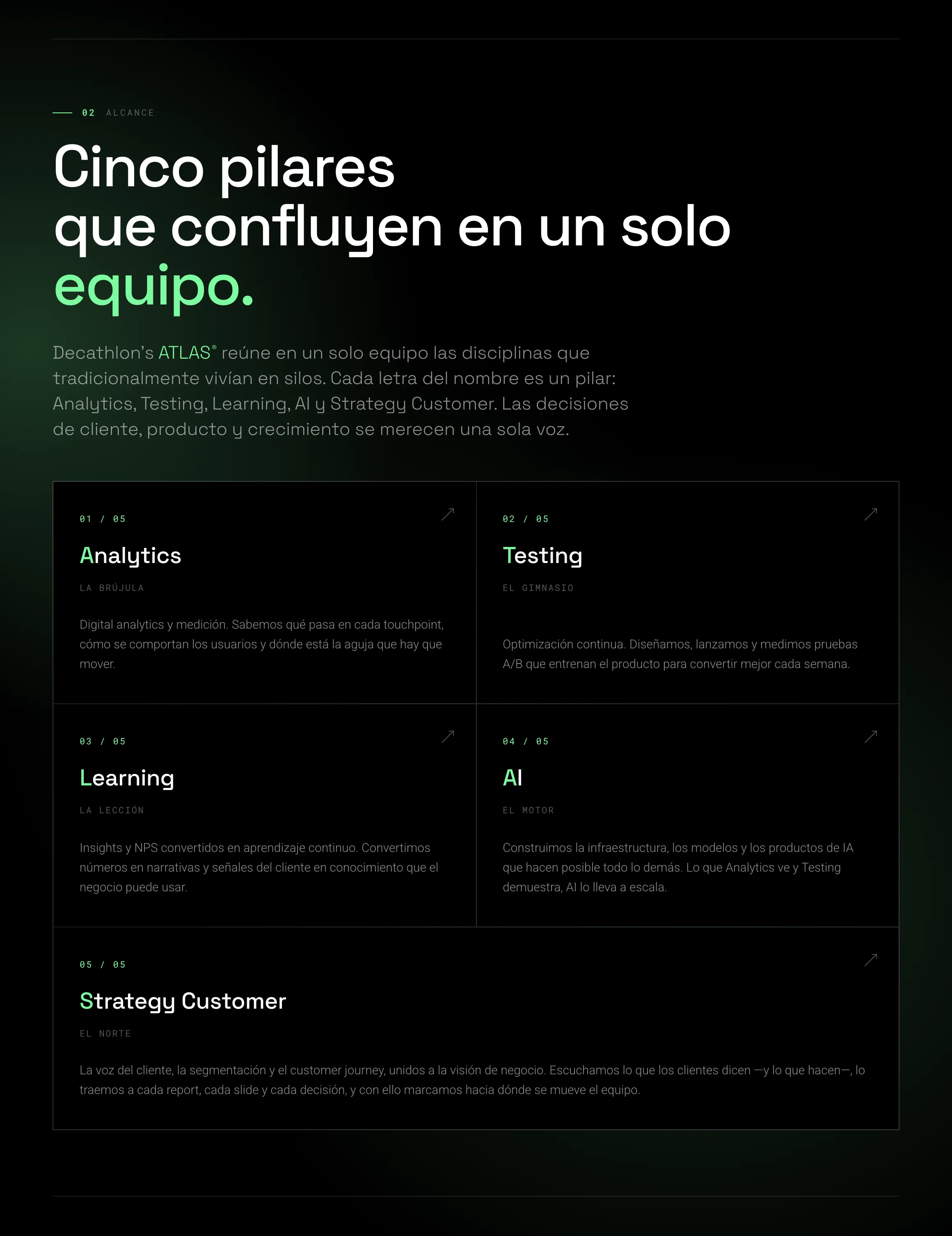 Sección de alcance del brand book con el titular «Cinco pilares que confluyen en un solo equipo»: 5 tarjetas, Analytics, Testing, Learning, AI y Strategy Customer, con la inicial de cada una en verde y una descripción corta.