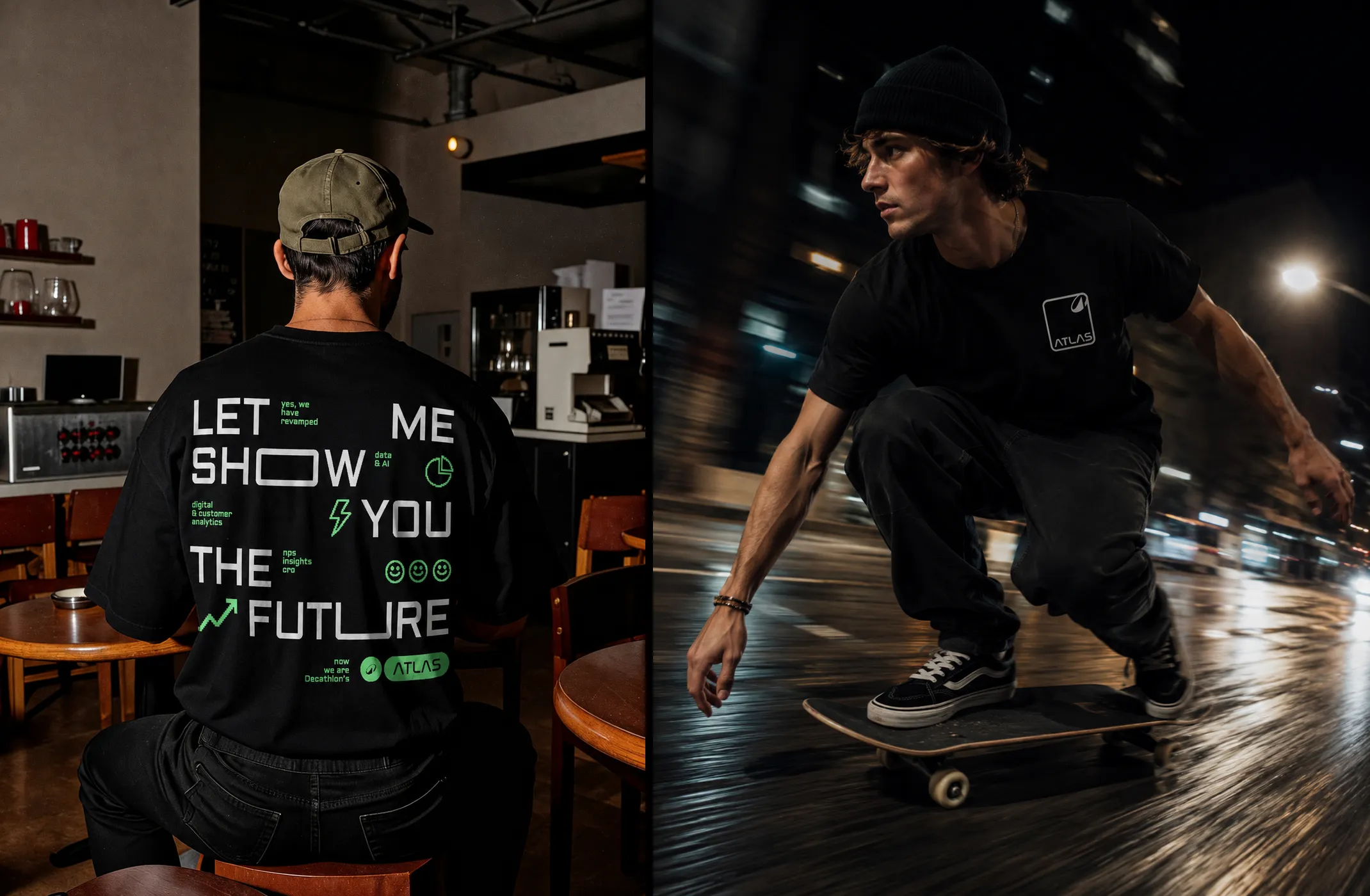2 fotografías de camisetas negras de ATLAS. En la primera, un chico con gorra, de espaldas en una cafetería, lleva a la espalda el lema «Let me show you the future» en blanco, con iconos y los nombres de las disciplinas en verde flúor y el logotipo secundario. En la segunda, un patinador de noche, con la ciudad desenfocada por la velocidad, lleva el logotipo principal pequeño en el pecho.