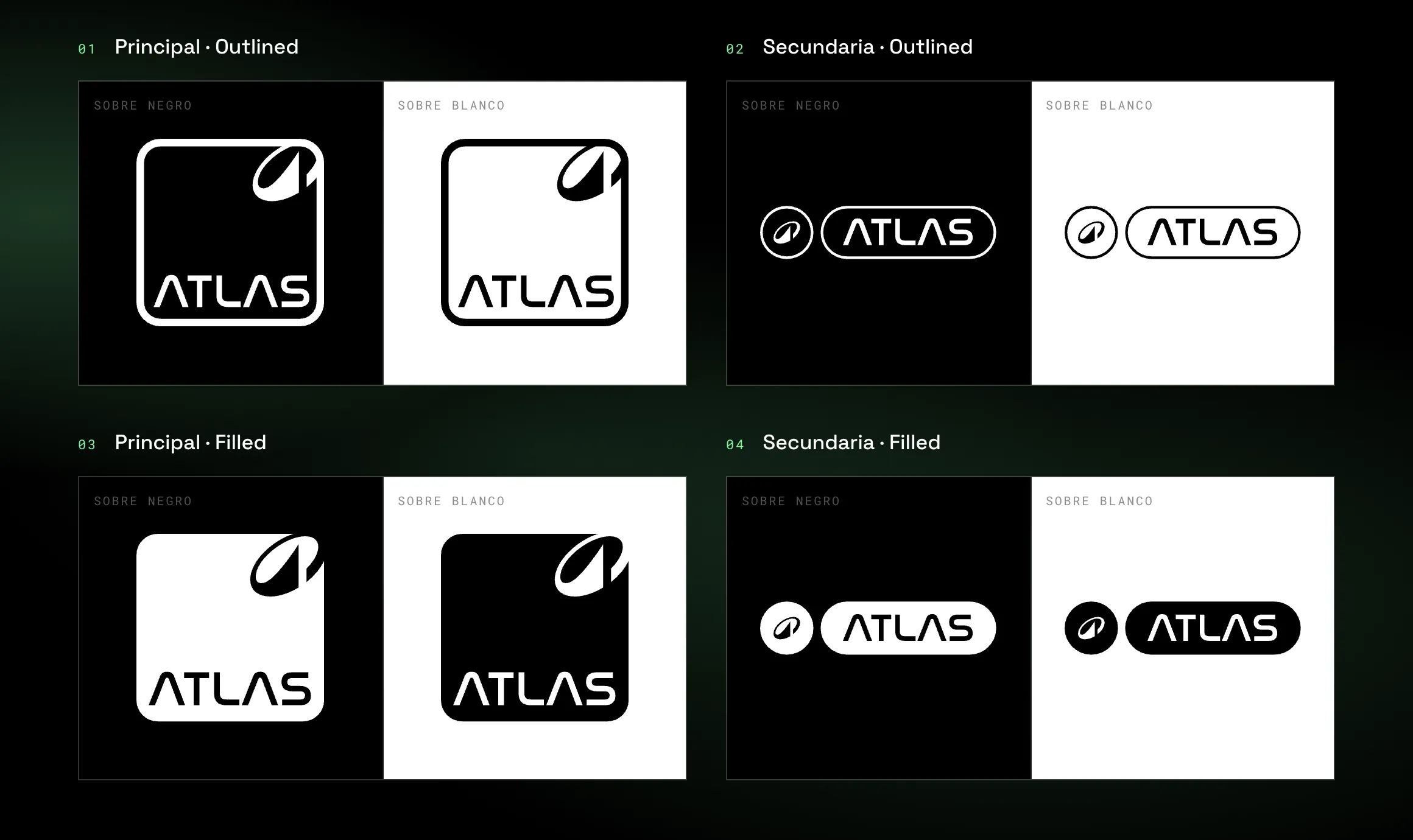 Las 4 versiones oficiales del logotipo, principal y secundaria, en contorno y en relleno, cada una sobre fondo negro y sobre fondo blanco.
