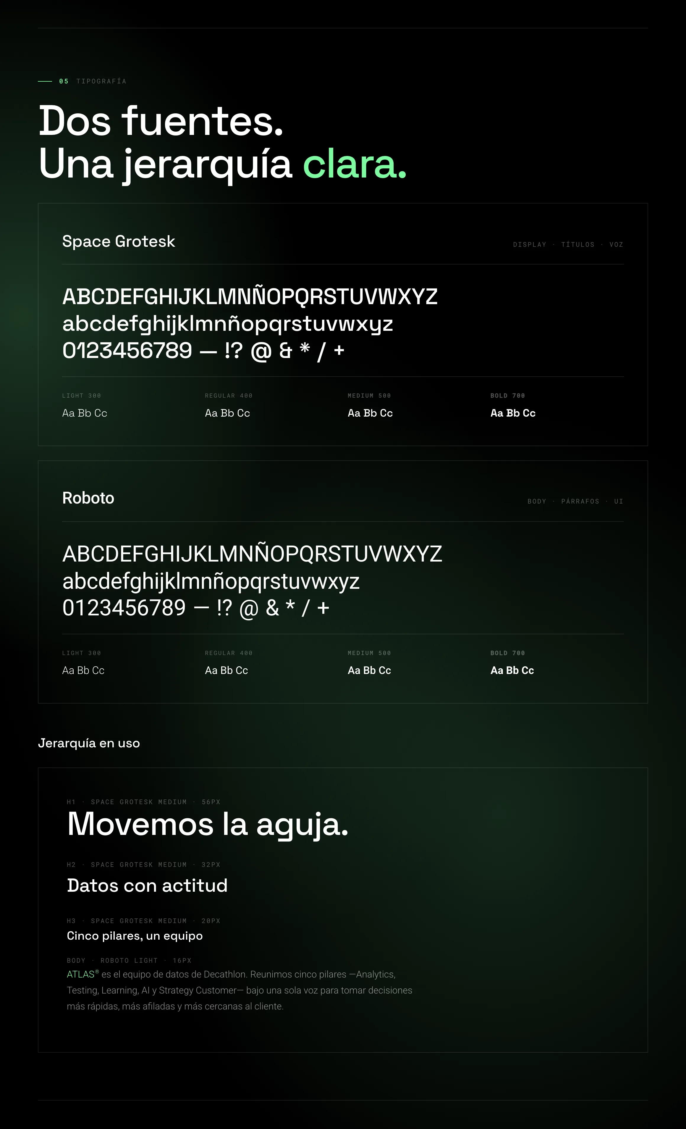 Sección de tipografía: los alfabetos de Space Grotesk y Roboto con sus pesos y un ejemplo de jerarquía en uso, de «Movemos la aguja» a un párrafo de cuerpo.