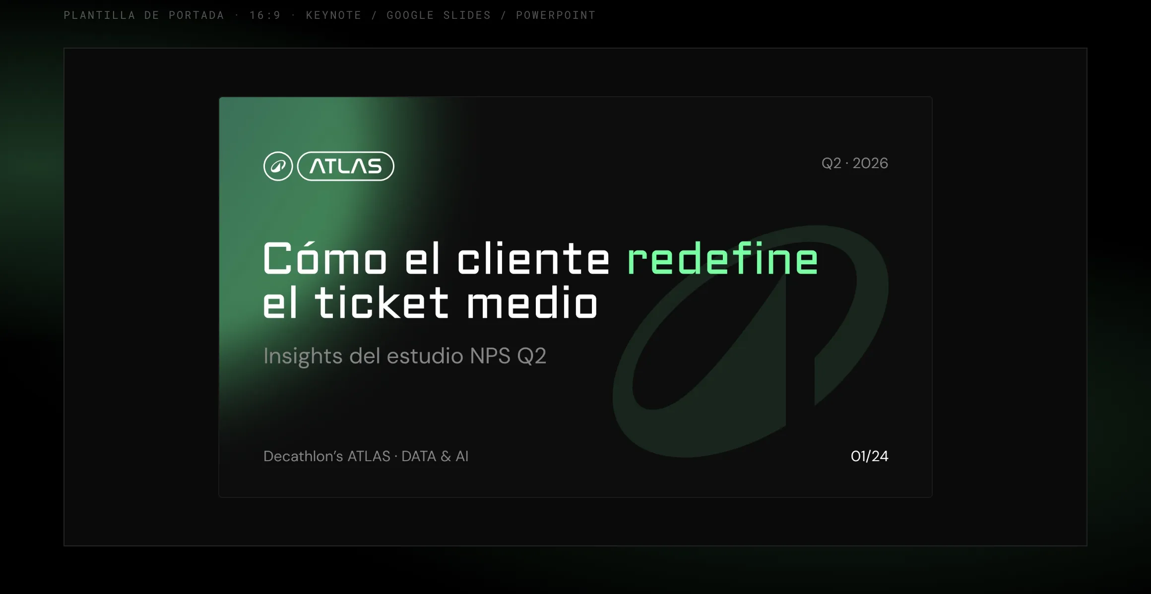 Portada de presentación en 16:9 con el logotipo secundario, el titular «Cómo el cliente redefine el ticket medio» con la palabra redefine en verde y un halo verde a la izquierda.
