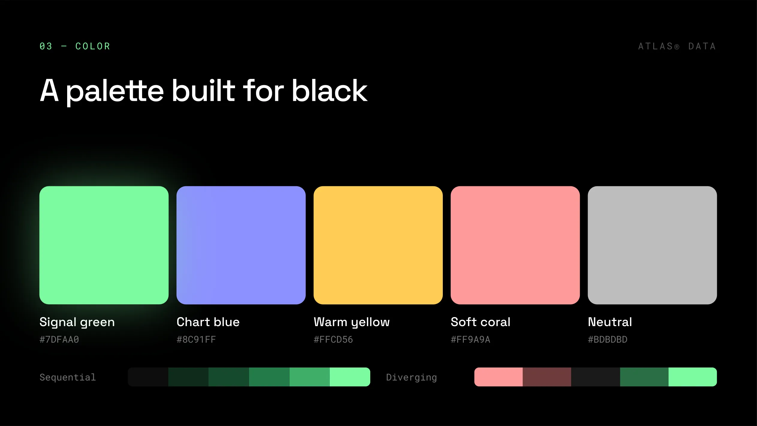 Diapositiva «A palette built for black» con 5 muestras de color —verde señal, azul de gráfico, amarillo, coral y neutro— con sus valores hexadecimales, y debajo una rampa secuencial verde y una divergente de coral a verde.