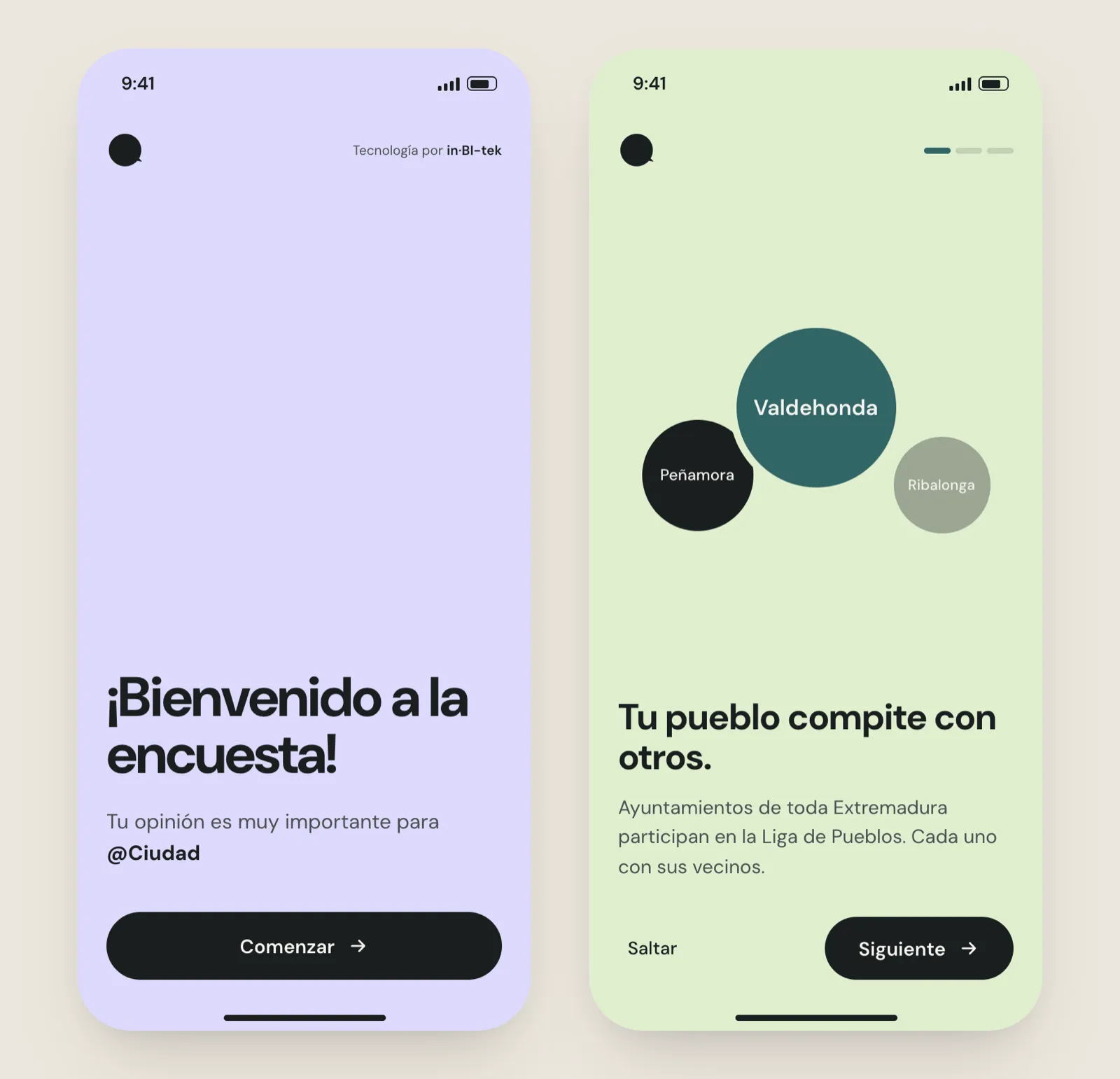 2 pantallas de bienvenida de la app: la primera dice «¡Bienvenido a la encuesta!» con el botón Comenzar, y la segunda, «Tu pueblo compite con otros», con un diagrama de 3 círculos donde el del municipio propio es el mayor.