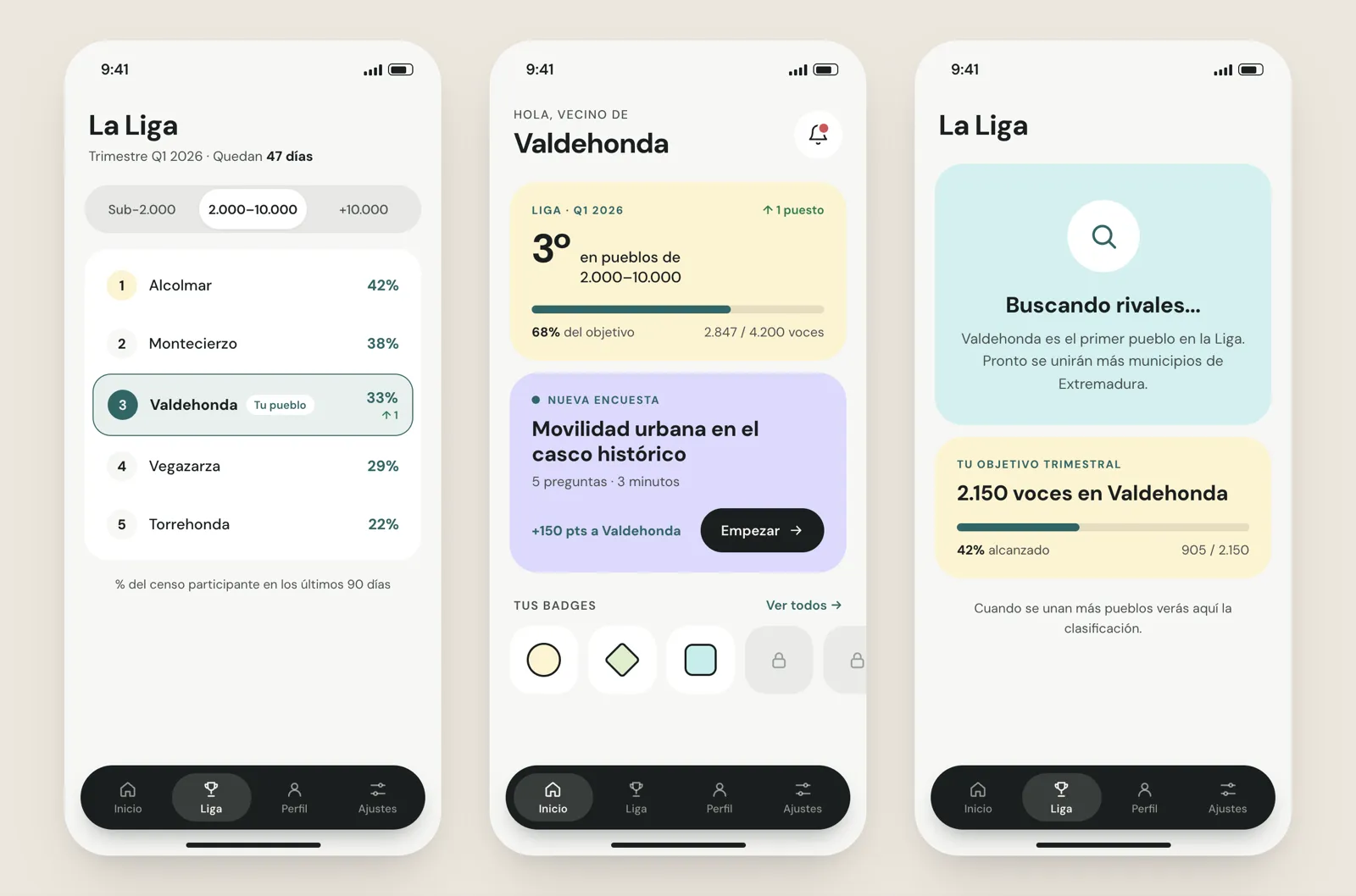 3 pantallas: el ranking de La Liga con 5 municipios ordenados por porcentaje de censo participante y el propio resaltado en tercer lugar con un 33 %; el inicio, con la posición del pueblo, el avance hacia el objetivo y la encuesta activa; y la pantalla de pre-liga, «Buscando rivales…», con el objetivo trimestral de 2.150 voces.