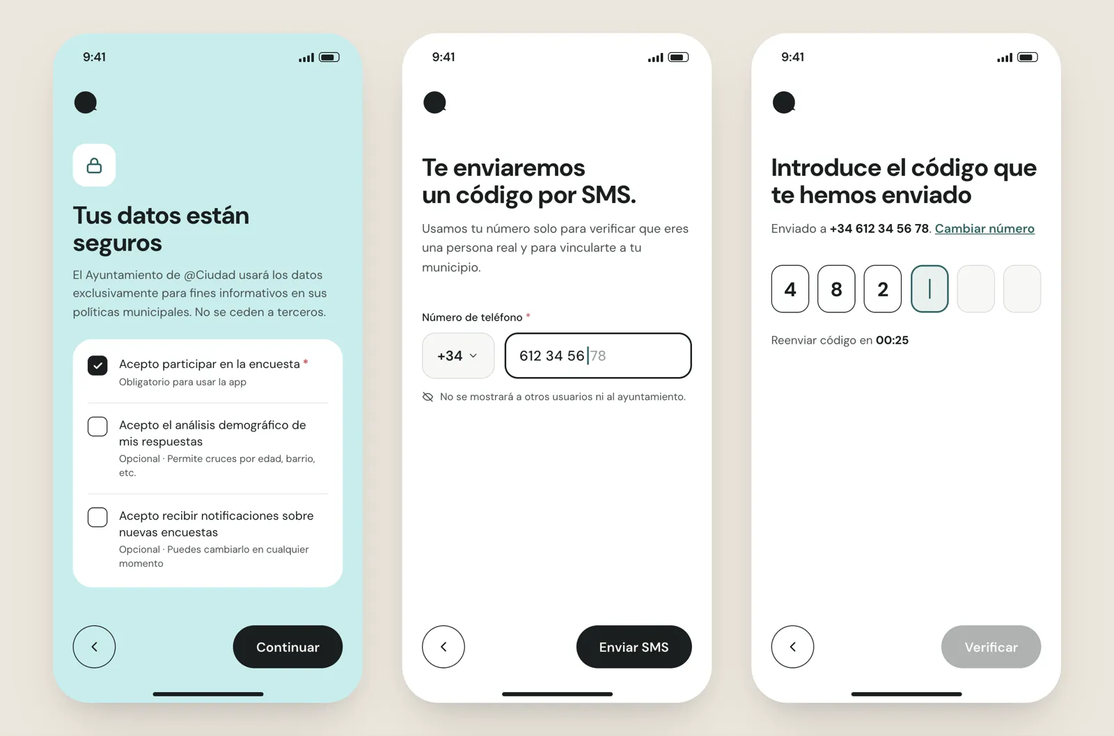 3 pantallas del registro: los consentimientos, con 3 casillas separadas y la primera marcada como obligatoria; la petición del número de teléfono con el prefijo +34; y la verificación por SMS con 6 casillas para el código.