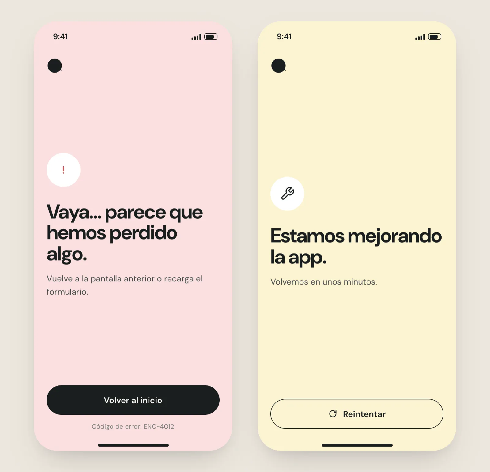 2 pantallas de error: «Vaya… parece que hemos perdido algo», en rosa, con el botón Volver al inicio y un código de error pequeño; y «Estamos mejorando la app», en amarillo, con el botón Reintentar.
