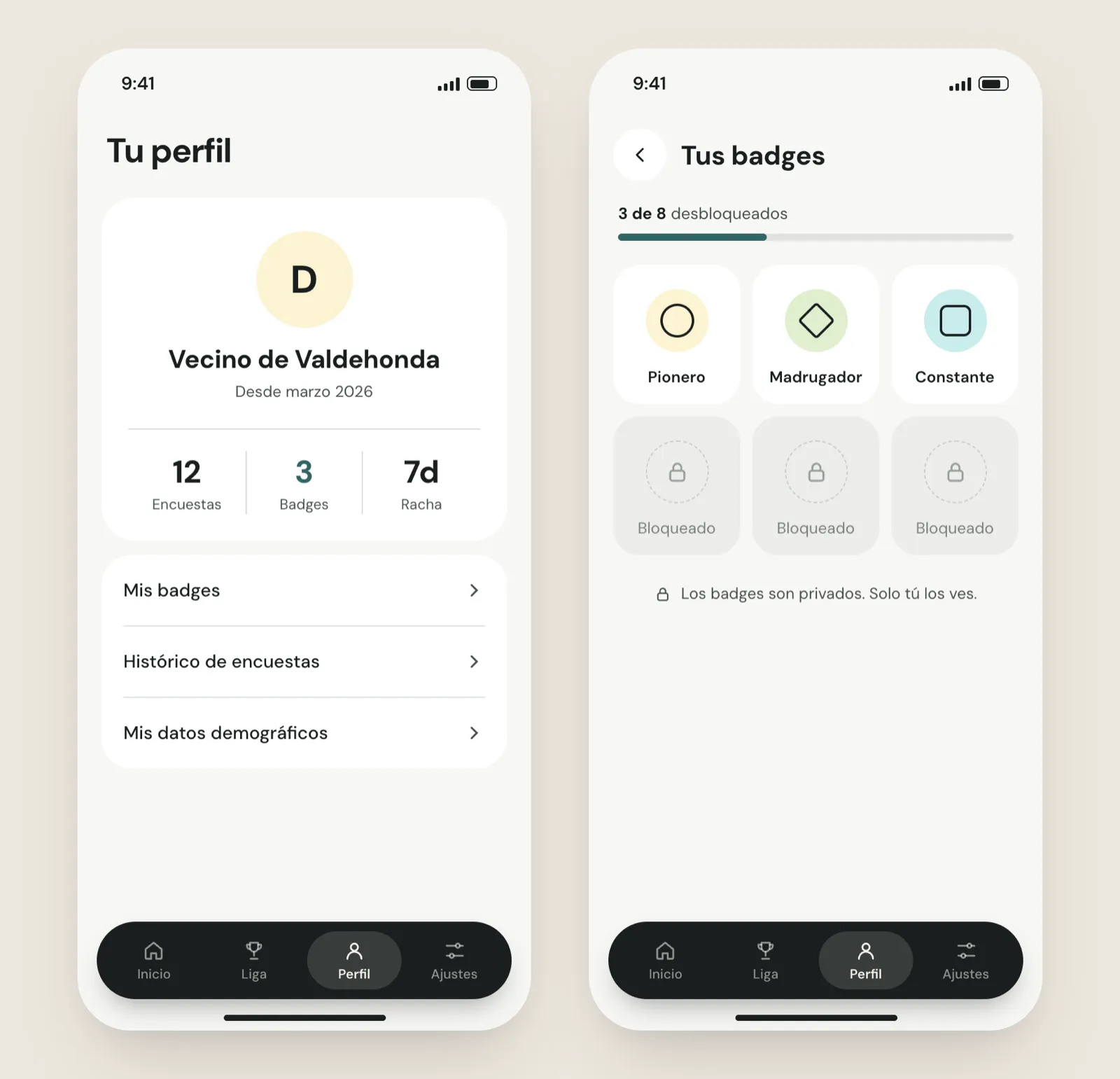 2 pantallas del perfil: el resumen, con las encuestas contestadas, los badges conseguidos y la racha, y la galería de badges, con 3 desbloqueados y 5 con candado, bajo el aviso de que los badges son privados y solo los ve quien los consigue.