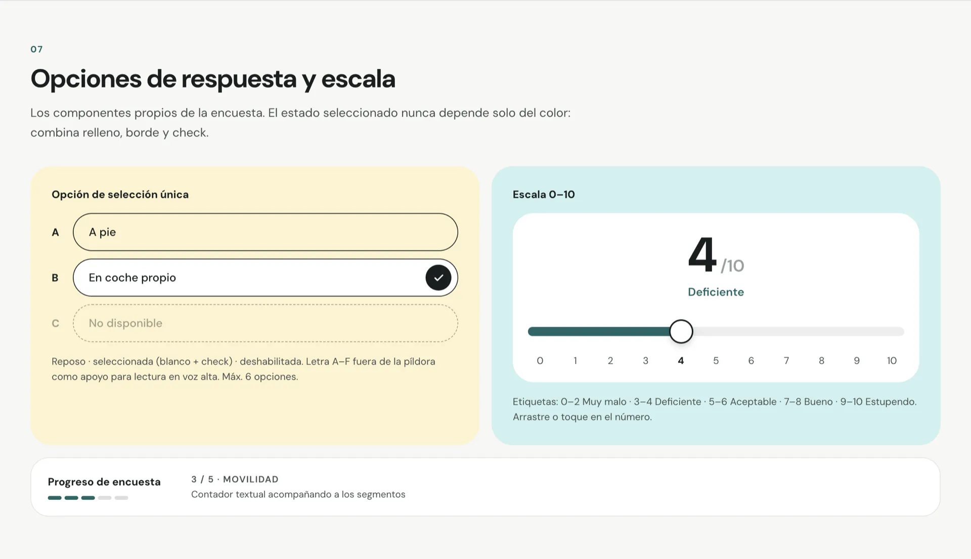 Lámina del sistema con los componentes de respuesta: las tarjetas de opción única en sus 3 estados, el slider de escala de 0 a 10 con el número grande, y el indicador de progreso de la encuesta.