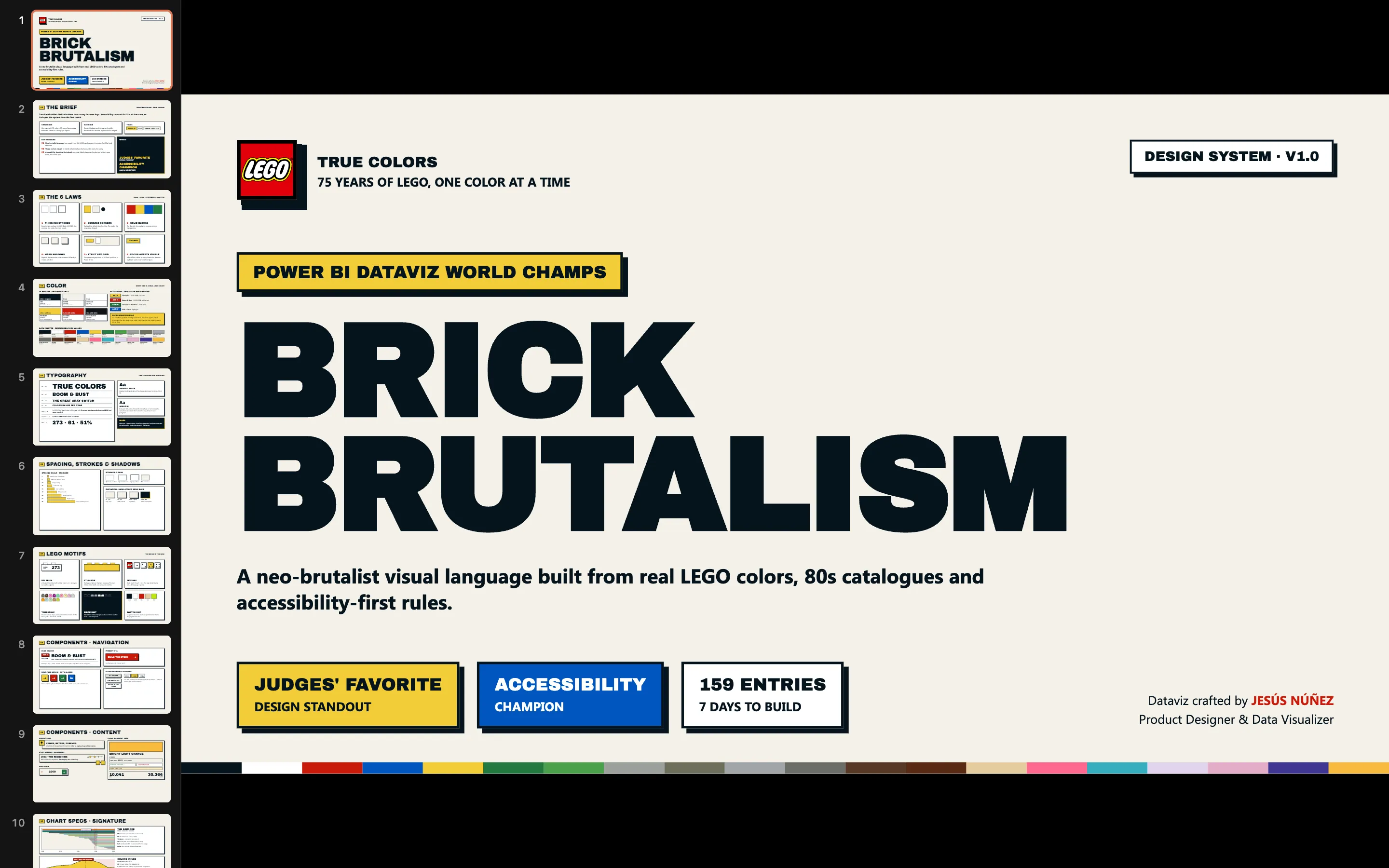 Portada del design system «Brick Brutalism» de True Colors: el logotipo de LEGO, el titular en negro muy grueso sobre crema, 3 etiquetas con el reconocimiento y una tira con la paleta de colores de LEGO; a la izquierda, las miniaturas de las diapositivas.